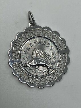 Vtg 925 Sterling Silver Vintage Barbados Sailfish Coin Medallion Filigree Charm